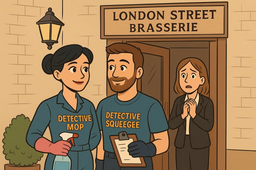 Detective Mop and Detective Squeegee arriving at London Street Brasserie for commercial kitchen cleaning Reading emergency