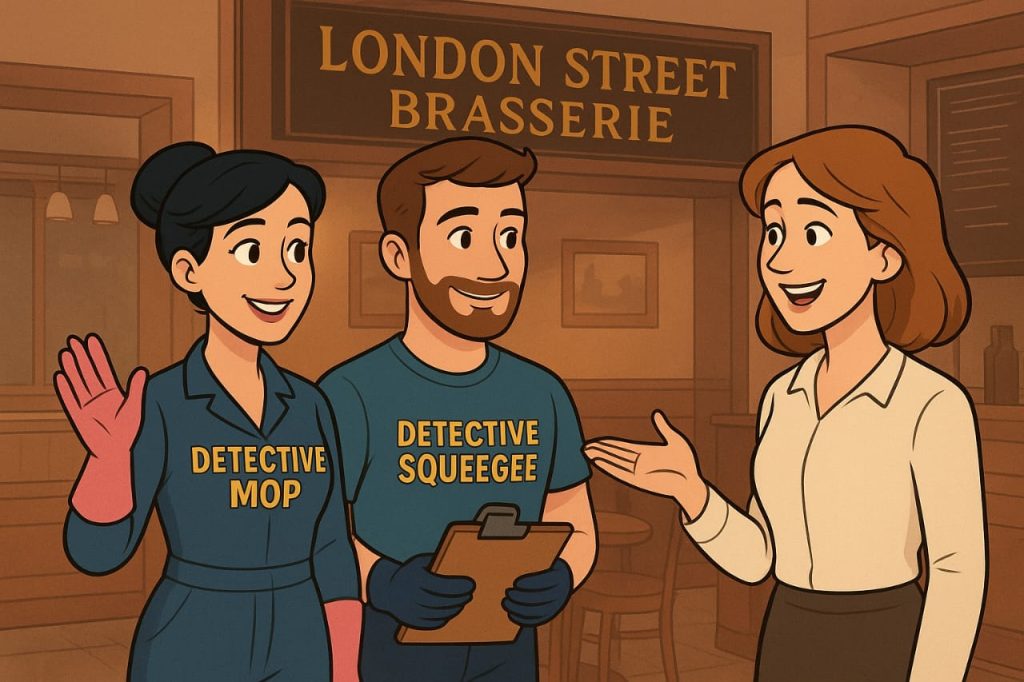 Detective Mop and Detective Squeegee making dinner reservation at London Street Brasserie after successful commercial kitchen cleaning Reading job