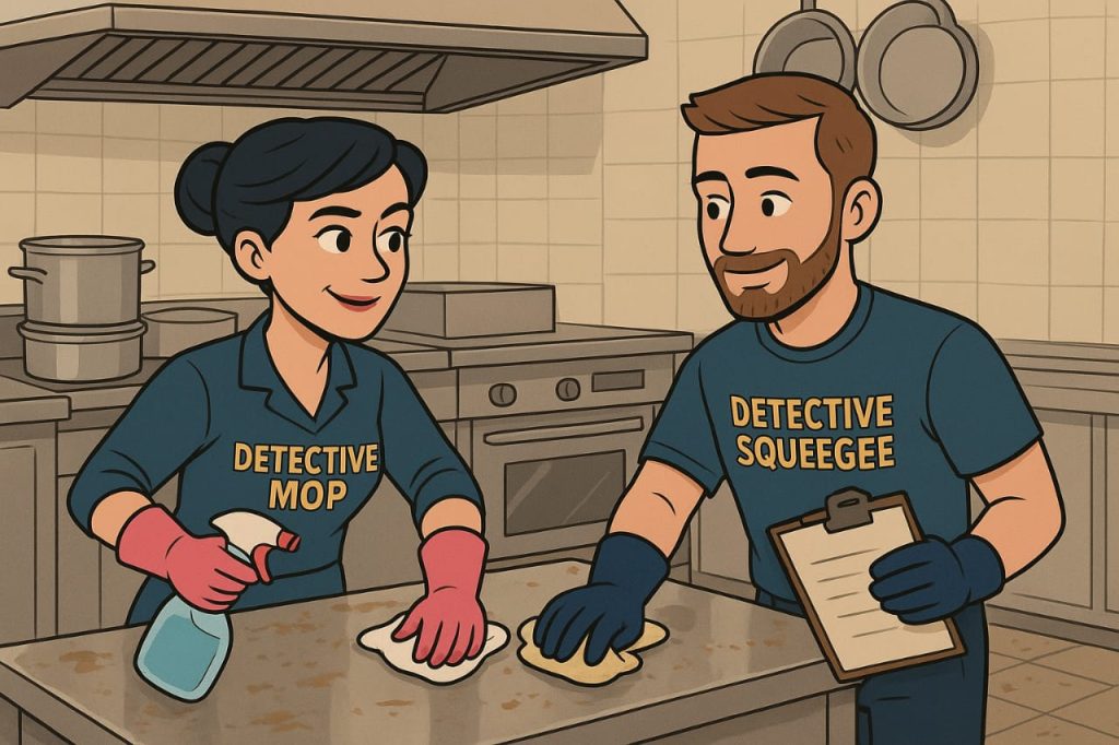 Professional kitchen cleaning Reading team Detective Mop and Detective Squeegee working together on commercial surfaces