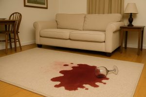 Red wine carpet stain before cleaning in Reading home