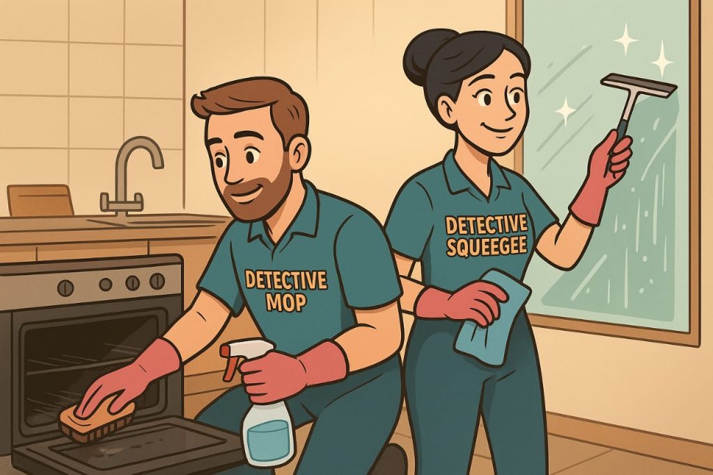 Detective Mop cleaning oven while Detective Squeegee cleans windows in perfect teamwork