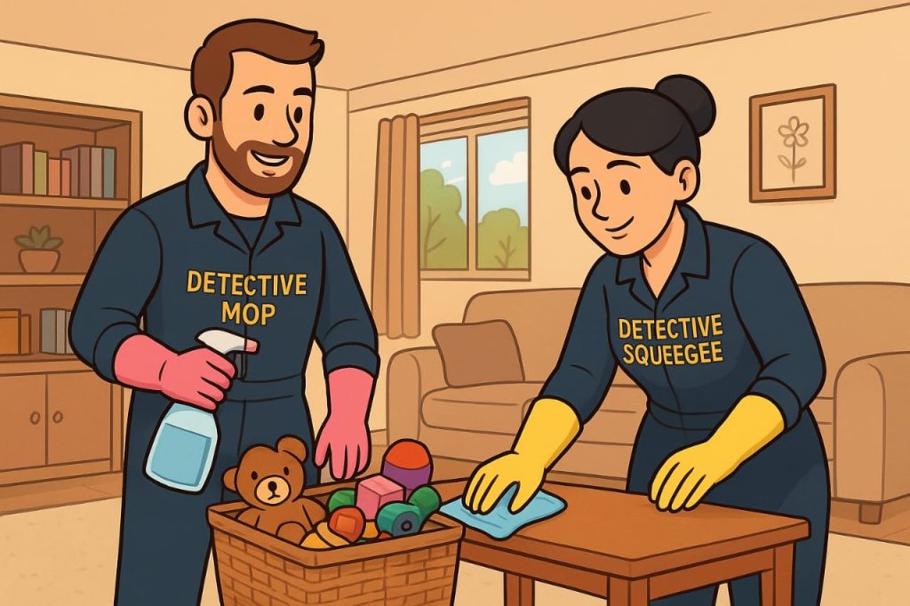 Detective Mop and Detective Squeegee cleaning toys and surfaces in a family home