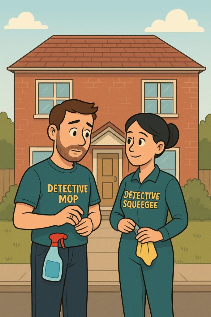 Detective Mop and Detective Squeegee preparing for their first domestic cleaning challenge as newlyweds